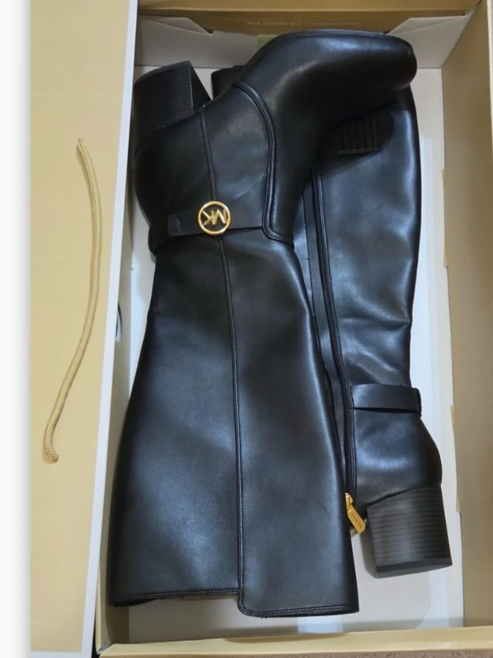 Michael Kors Knee High Boots Black Gold Logo Block Heel Sz 8M with Box